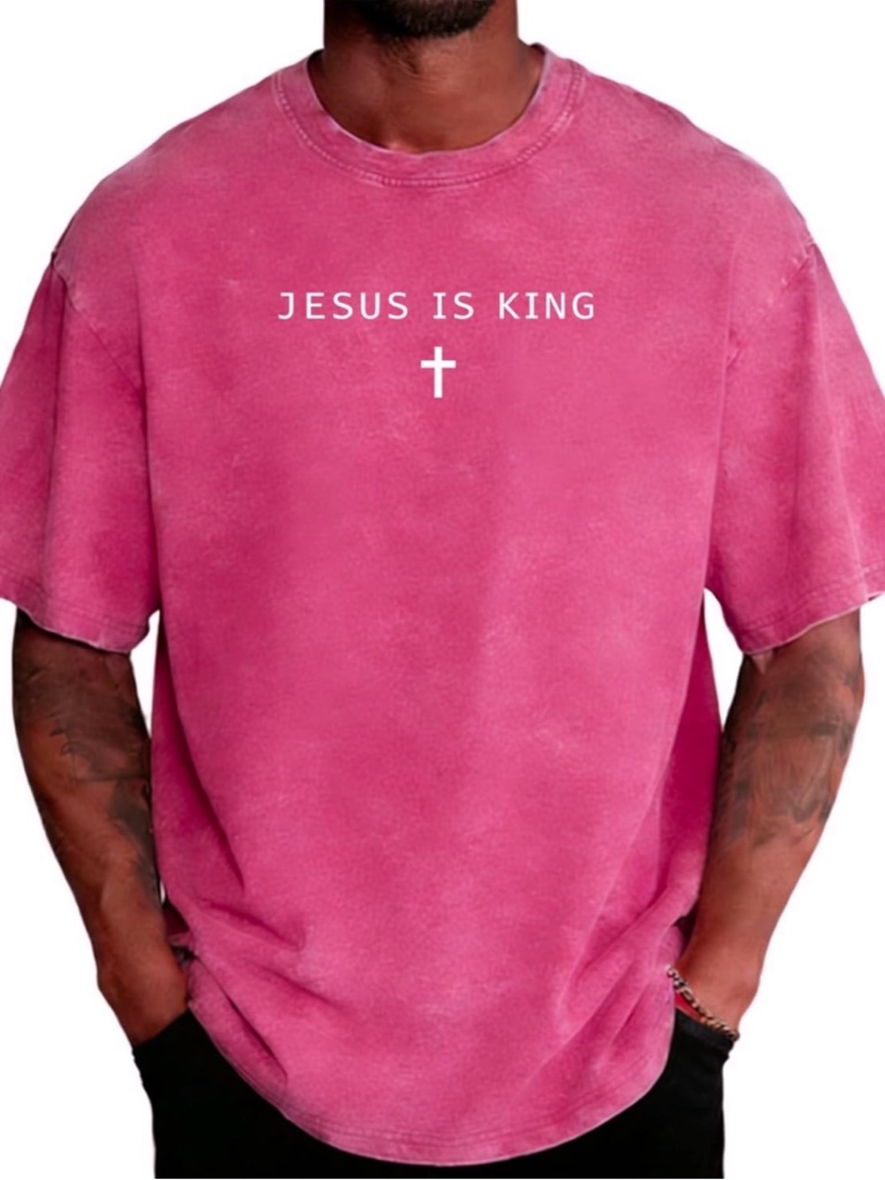 Pink "Jesus Is King" Short-Sleeve Crewneck T-Shirt